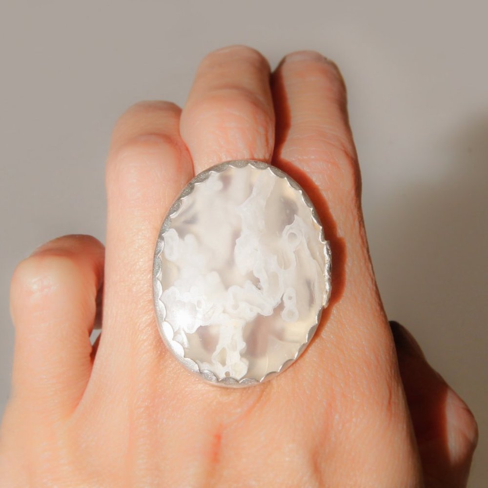 Indonesian white agate and sterling silver ring